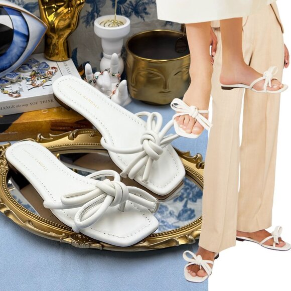 🆕 LOEFFLER RANDALL 🧿 NWOB Hadley Leather Bow Flat Sandals, White - Sz 7.5 B - Picture 1 of 11